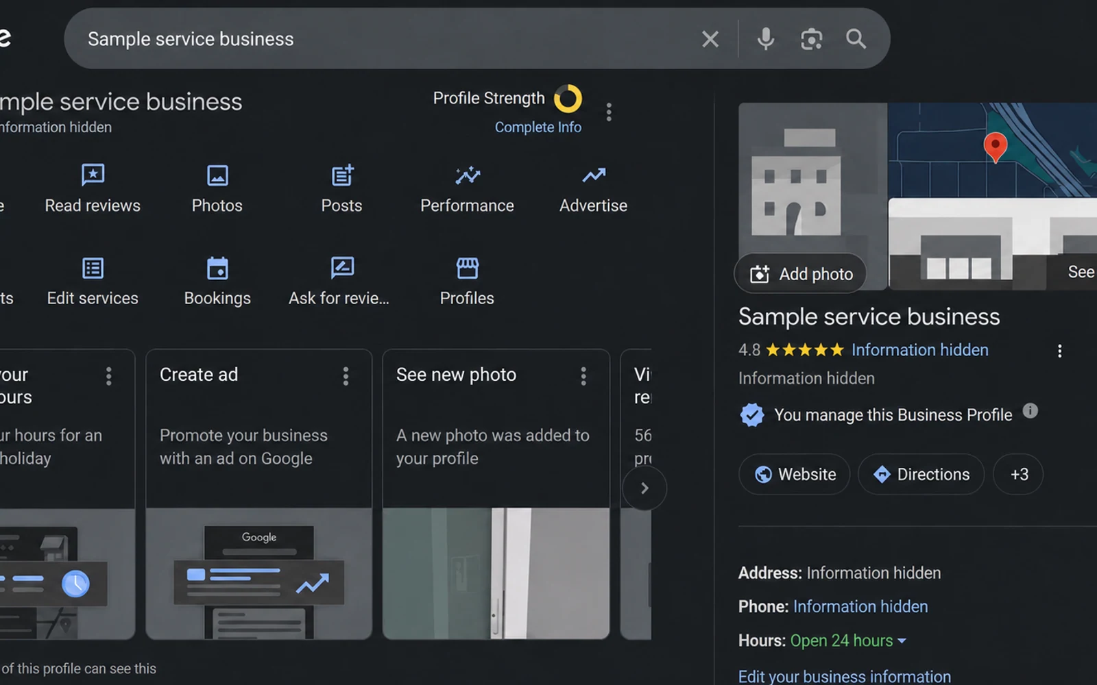 Anonymized Google Business Profile recreation based on the supplied management screen