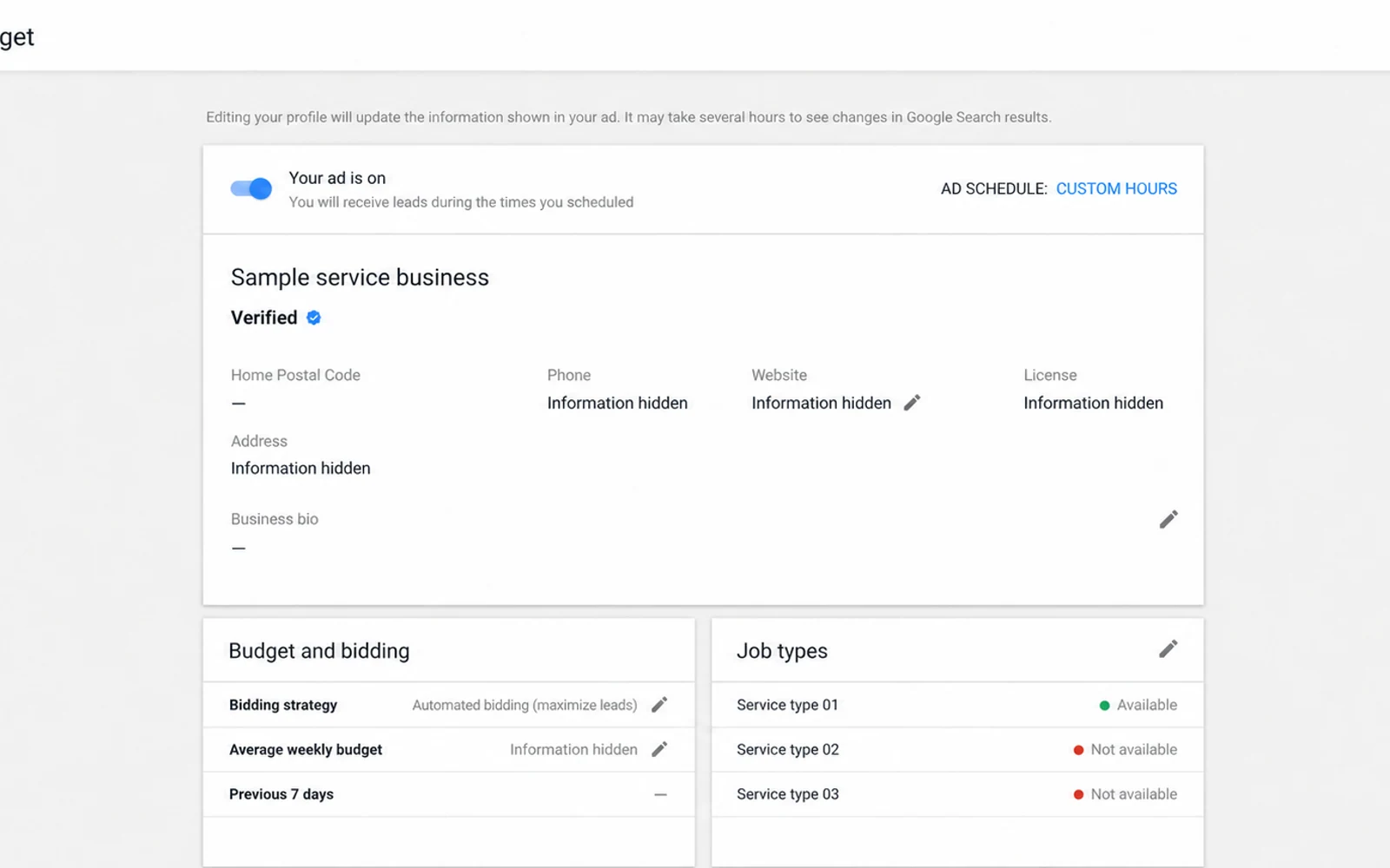 Anonymized Local Services profile and budget recreation based on the supplied screen