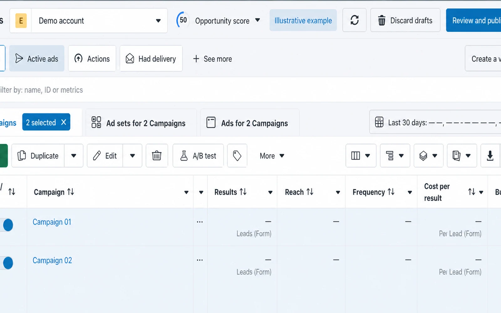 Anonymized Meta Ads Manager recreation based on the supplied campaign-table screen