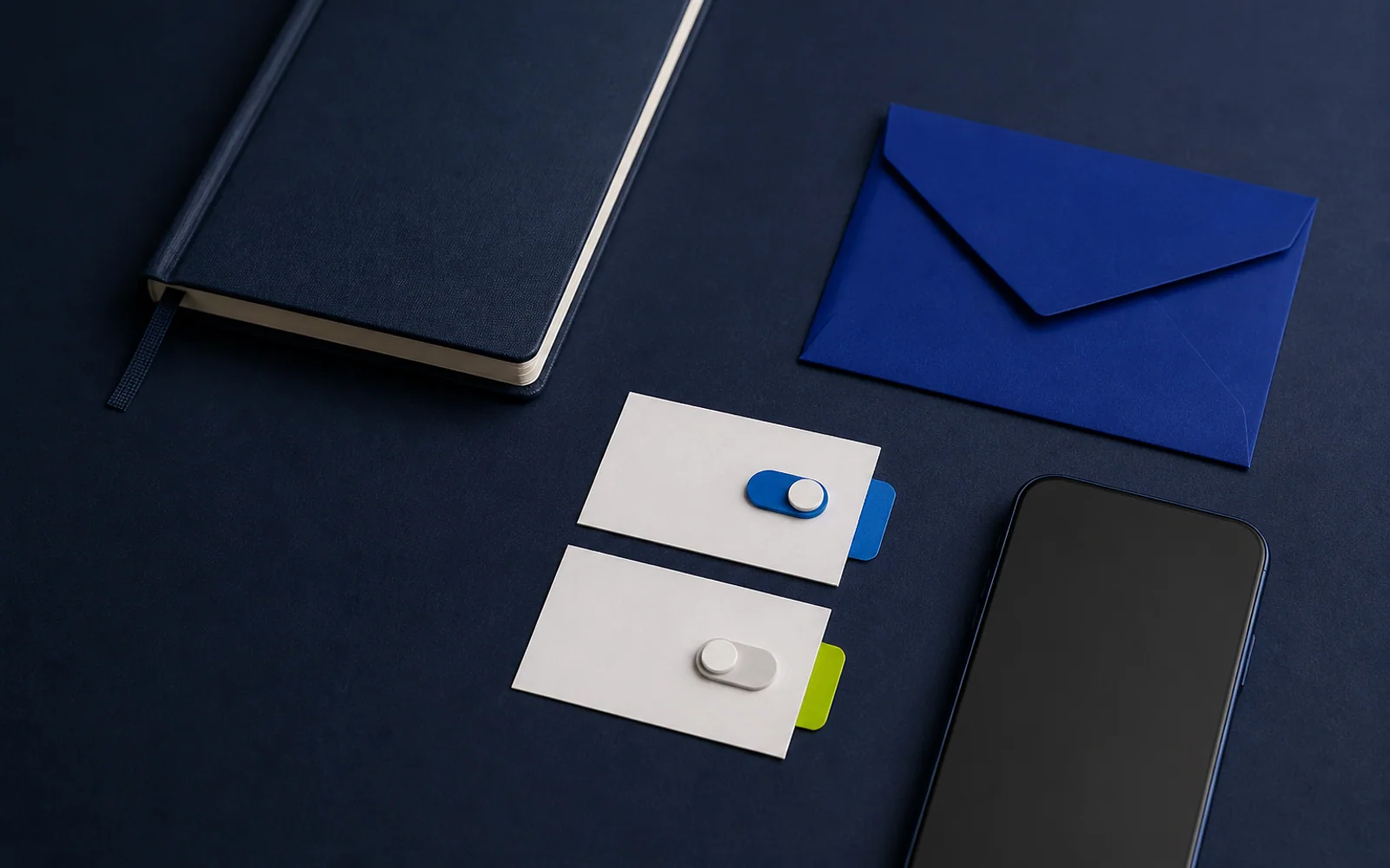 Notebook, preference controls, envelope, and phone arranged on a dark desk