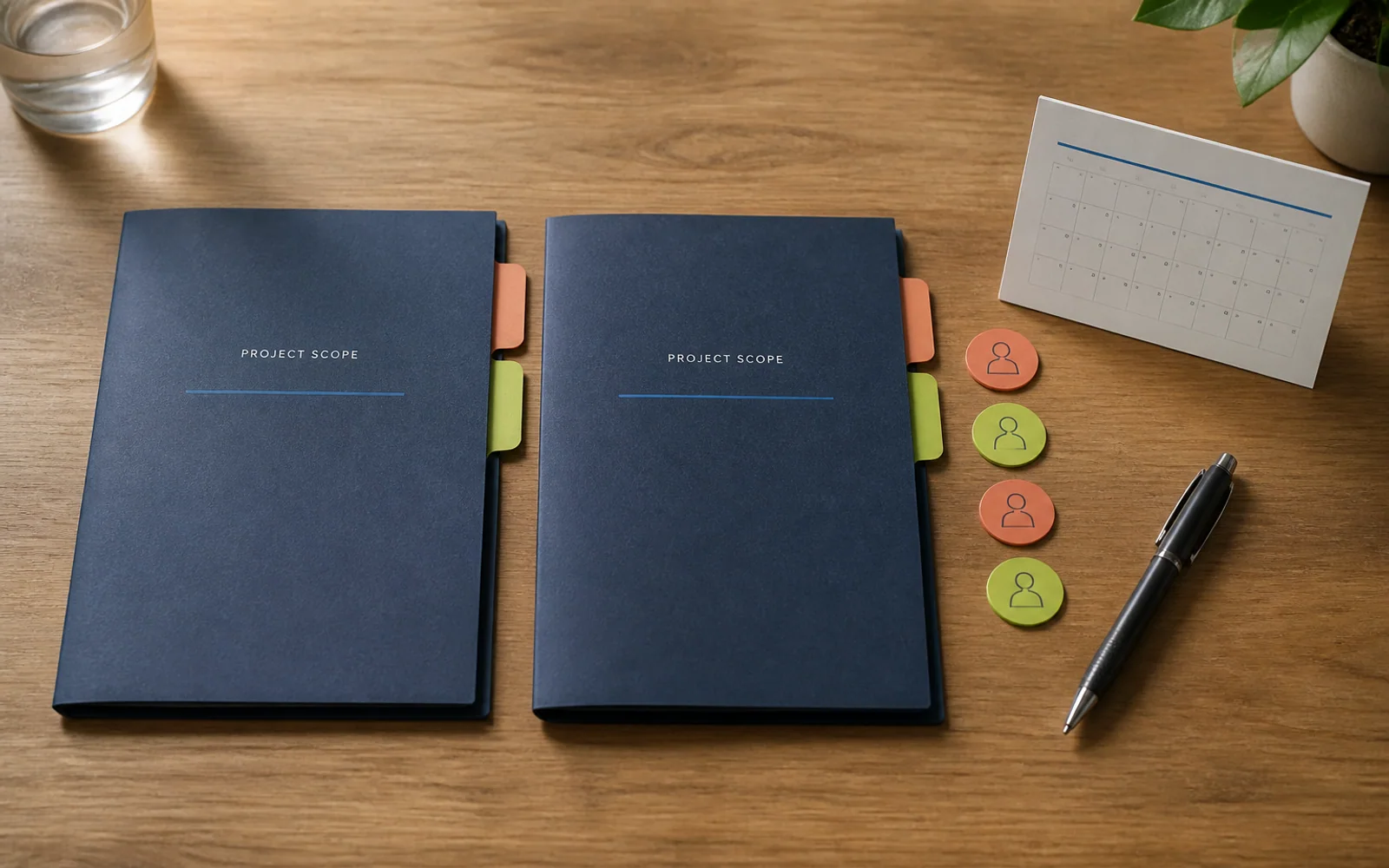 Project scope folders and responsibility markers arranged on a meeting table