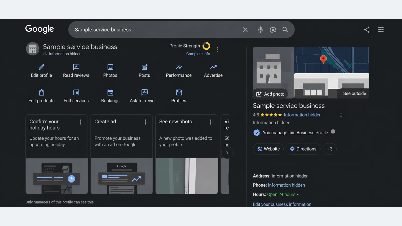 Anonymized Google Business Profile management interface based on the supplied reference