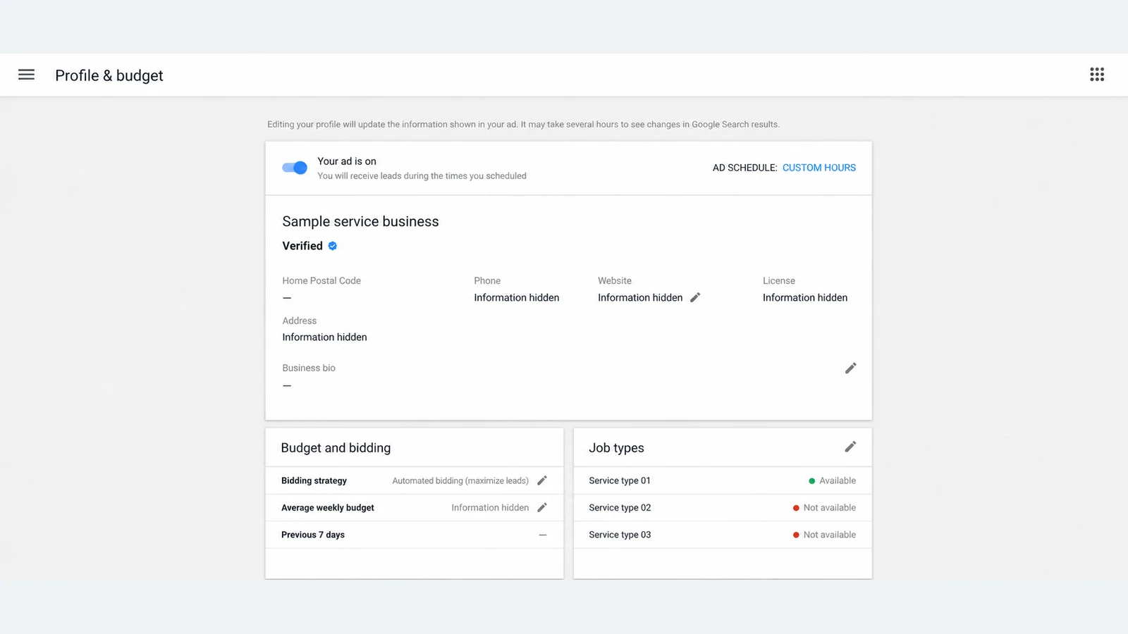 Anonymized Local Services profile and budget interface based on the supplied reference