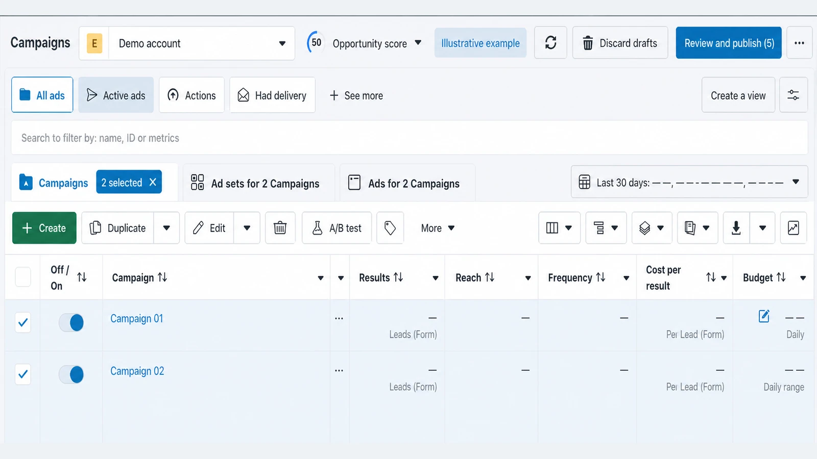 Anonymized Meta Ads Manager campaign table based on the supplied reference